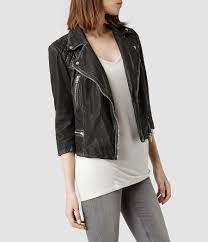Womens Cropped Cargo Leather Biker Jacket Blk Grey Allsaints Com Jackets For Women Jackets Leather Jackets Women