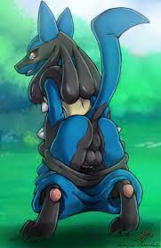 1boy 2018 anus ass back big feet big testicles blue fur blush  canine dark nek0gami day erection feet furry grass grin looking at viewer  looking back lucario male male