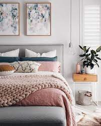 I think the color palette in this bedroom works exceptionally well. Navy And Pink Master Bedroom Soft Touches With Cozy Layers Home Bedroom Bedroom Inspirations Bedroom Design