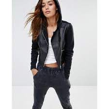 Noisy May Leather Look Biker Jacket With Hood Biker Jacket Vegan Biker Jacket Fashion