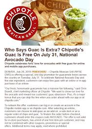 Pinned July 28th Free Guacamole With Your Meal Tuesday At Chipotle Thecouponsapp Chipotle Coupons Chipotle Chipotle Mexican Grill