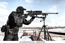 Equipped Police Swat Sniper Shooting With Rifle. Sniper Of Police Special  Operations Tactical Group In Black Uniforms, | Canstock