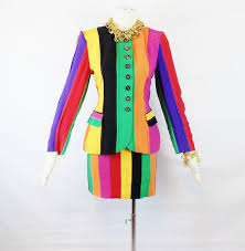 Designer Vintage Moschino Couture Rare Runway Avant Garde Miley Funky Rainbow Stripes Suit With Logo Buttons Size 4 Rainbow Fashion Fashion Moschino