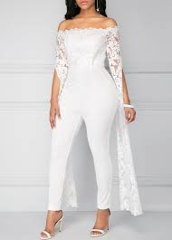 White Off The Shoulder Lace Panel Jumpsuit Rosewe Com Usd 38 47 Jumpsuits For Women Bridal Jumpsuit Jumpsuit Dress