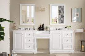 This vanity mounts directly into wall studs, leaving the area below open and airy. 94 De Soto Bright White Double Sink Bathroom Vanity