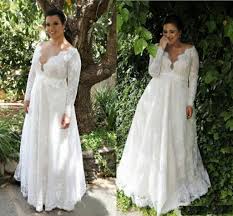 Lace V Neck Wedding Dresses Sweep Train Floor Length Plus Size A Line Appliques Long Sleeve Wedding Dress Lace Empire Wedding Dress Empire Waist Wedding Dress