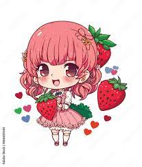 Cute anime and kawaii girl with strawberry on her head Stock Vector 