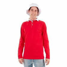 Details About Mens Island Castaway Gilligan Red Rugby Polo Long Shirt White Bucket Hat Costume