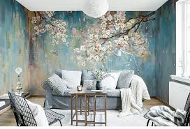 Fabulous Oil Painting Wallpaper Wall Mural Sakura Tree Wall Etsy Tree Wall Murals Wall Wallpaper Wallpaper Living Room