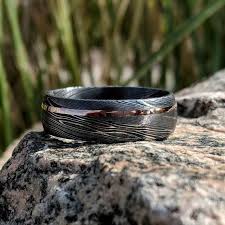 Damascus Ring 14k Rose Gold Inlay Damascus Steel Wedding Band Etsy Damascus Steel Wedding Band Steel Wedding Bands Damascus Ring
