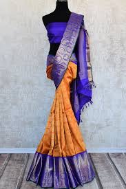 Buy Online Orange Kanchipuram Silk Saree Blue Zari Border And Buta Embroidered and cutwork and many other varieties of laces. 90f377 orange kanchipuram silk saree with blue zari border and buta
