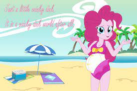 1738551 - suggestive, artist:myfavoritepreggopics, pinkie pie, ask me  anything, equestria girls, equestria girls series, beach, belly, big belly,  breasts, busty pinkie pie, clothes, cooler, dialogue, female, looking at  you, ocean, palm tree,