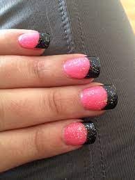 Hot Pink Nails With Black Tips And Iridescent Sparkles Minus The Sparkles Hot Pink Nails Bright Nails Pink Nails