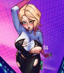 blonde hair blue eyes blush blushing female gwen stacy huge  breasts marvel nipples visible through clothing ripped clothing spider-gwen  spider-man: across the spider-verse spider-man (series) surprised yaki chun  |