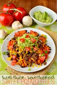 Healthier Smothered Sweet Potato Fries Iowa Girl Eats Recipe Healthy Restaurant Sweet Potato Fries Recipes