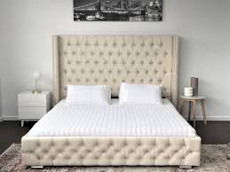 Lucy plush velvet bed is designed with a complete focus on the beauty of simplicity, to serve as a perfect bed frame and deliver pure functionality and pristine form. Salvatore King Bed Frame Studded Fabric Beige Plush Velvet Upholstered Tall Headboard Tufts