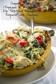 Greek Yogurt Spinach Artichoke Dip Stuffed Spaghetti Squash With Chicken Best Spaghetti Squash Recipes Squash Recipes Recipes