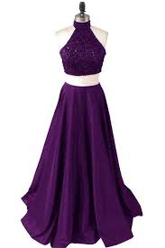 Dark Purple Two Piece Halter Satin Prom Dresses Two Piece Prom Dresses Dark Purple Prom Dresses 2017 Purple Prom Dress A Line Prom Dresses Dark Purple Prom Dresses