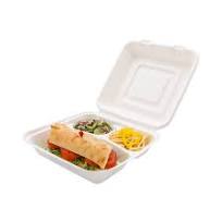 Pulp Tek Square White Sugarcane / Bagasse Extra Large Clamshell Container -  3-Compartment - 9 3/4" x 9 1/2" x 3 1/4" - 100 count box
