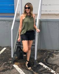 Summer Outfit Ideas Black Shorts And Olive Top Outfit Summer Date Night Outfit Ideas Summer Tank Top Summer Outfits Summer Wedges Outfit Green Top Outfit