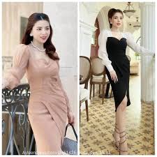 Đầm body xếp ly eo tay phối thanh lịch