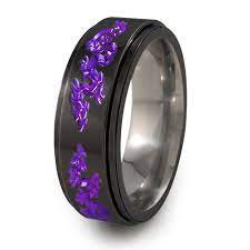 Fidget Spinner Ring With Carved Oriental Dragons With Vibrant Purple Accents And All Black Finish Spinner Rings Titanium Rings For Men Rings