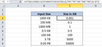 excel formula normalize size units to gigabytes