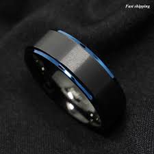8mm Brushed Black Tungsten Ring With Blue Gold Bevelled Edge Black Tungsten Rings Black Rings Mens Wedding Bands Tungsten