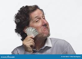 Smug Man Holding Dollar Bill, Horizontal Stock Image