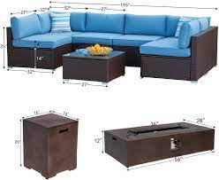 Outdoor seating sets with fire table. Buy Cosiest 8 Piece Propane Fire Pit Outdoor Wicker Sectional Sofa Chocolate Brown Patio Furniture Set W 56x28 Rectangle Bronze Fire Table 50 000 Btu Tank Cover And Wind Glass For Garden Yard Online