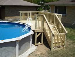 Light Wooden Stairs With A Closed Door Leading Up To A Pool Blue Inside And Grey And White Outside Small Ab Small Backyard Pools Swimming Pool Decks Pool Steps