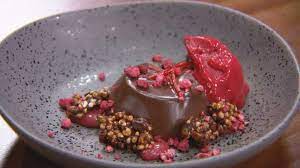 Chilli Cocoa Pannacotta With Raspberry Curd Raspberry Sorbet And Chocolate Puffed Millet Recipe Masterchef Recipes Desserts Dessert Recipes
