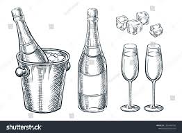 Champagne Bottle In Bucket With Ice And Two Glasses Vector Sketch Illustration Hand Drawn Holiday Celebration D Vector Sketch Champagne Bottle Bucket Drawing