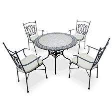 Elle est peu encombrante et facile à manipuler, ces chaises de jardin sont empilables et munies de patins pour ne pas rayer tables, salons de jardin mosaïque & fer forgé. Salon De Jardin Table Ronde O100cm 4 Places Granit Mosaique Zellige Style Ceramique Fer Forge Ensemble Table Et Chaise Table Exterieur Bois Fer Forge Marocain