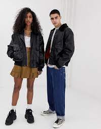 Collusion Unisex Faux Leather Bomber With Fleece Collar Asos Faux Leather Bomber Leather Outfit Fashion