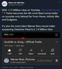 Watch movies and tv shows! Godzilla Vs Kong Trailer Is The 4th Most Liked Movie Trailer On Youtube Only Behind Far From Home Infinity War And Endgame Godzilla