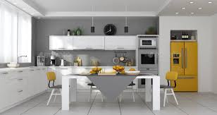 modern kitchen with table set and built