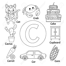 These letter c coloring sheets might help your kid clear that. Learning Card Alphabet Letter C Set Of Cute Cartoon Illustrations Royalty Free Cliparts Vectors And Stock Illustration Image 126973643
