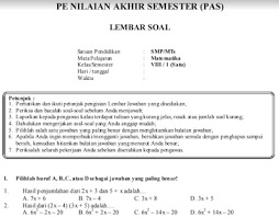 Demikianlah kisi kisi soal uas pas matematika wajib kelas x 10 jenjang sma ma semester 1 kurikulum 2013 tahun pelajaran 2019 2020 yang dapat saya bagikan semoga bermanfaat. Pola Soal Uas Pas Matematika Kls 8 Smp Semester 1 Kurikulum 2013 Beserta Kunci Jawaban