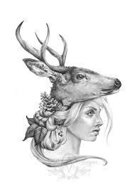 Winter Moon Deer Black And White Signed Print Woman Etsy Power Animal Winter Moon Deer Drawing