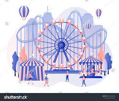 Amusement Park Concept Tiny People With Carousels Roller Coaster Air Balloon Circus Fun Fair And Amusement Park Cartoon Styles Abstract Photo Manipulation