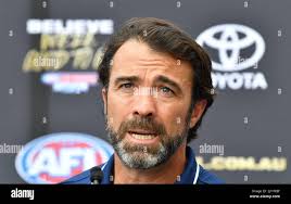 Geelong coach Chris Scott is seen during the 2020 AFL Grand Final Pre-Match  press conference at Metricon Stadium