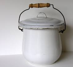 Enamelware Antique White Large Pot With Wood Handle And Lid Vintage Enamelware Vintage Kitchen Accessories Enamelware