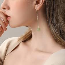 S925 Hetian Jade Dangling Earrings Handmade Natural Bead Pendant Drop  Earrings Green Long Wire Jade Jewelry Birthday Gift for Women