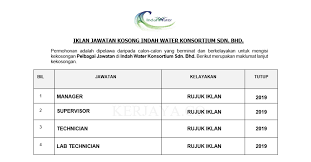 We would like to show you a description here but the site won't allow us. Jawatan Kosong Terkini Indah Water Konsortium Supervisor Manager Technician Pelbagai Jawatan Lain Kerja Kosong Kerajaan Swasta