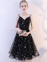 Black A Line Cocktail Dress Stars Sequined V Neck Sleeveless A Line Dresses Prom Dresses Short Backless Dress Formal A Line Cocktail Dress