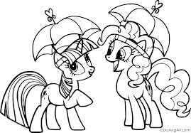 The show revolves around the adventures and daily life of the unicorn pony twilight sparkle, her baby dragon assistant spike, and her friends in ponyville: Twilight Sparkle And Pinkie Pie Under Umbrellas Coloring Page Coloringall