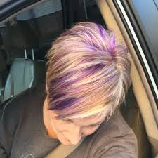 Haircut and color hair color and cut cool hair color wild hair colors new hair colors purple blonde hair pink hair burgundy hair peekaboo beautiful and colorful hair. Blonde Pixie Haircut With Purple And Fuchsia Highlights Purple Highlights Blonde Hair Hair Color Crazy Blonde Hair With Highlights