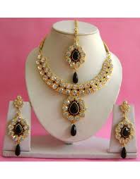 Black And Gold Jewelry Set Black Gold Plated With Zirconic Stone Studded Necklace Set Black Gold Jewelry Indian Bridal Jewelry Sets Studded Necklace
