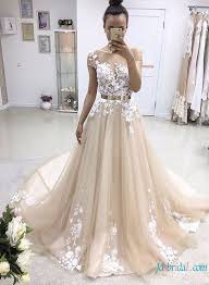 H0754 Unique Champagne And White Lace Tulle Wedding Dress Wddingdresses Sexyweddingdr Short Sleeve Wedding Dress Applique Wedding Dress Cap Sleeve Prom Dress